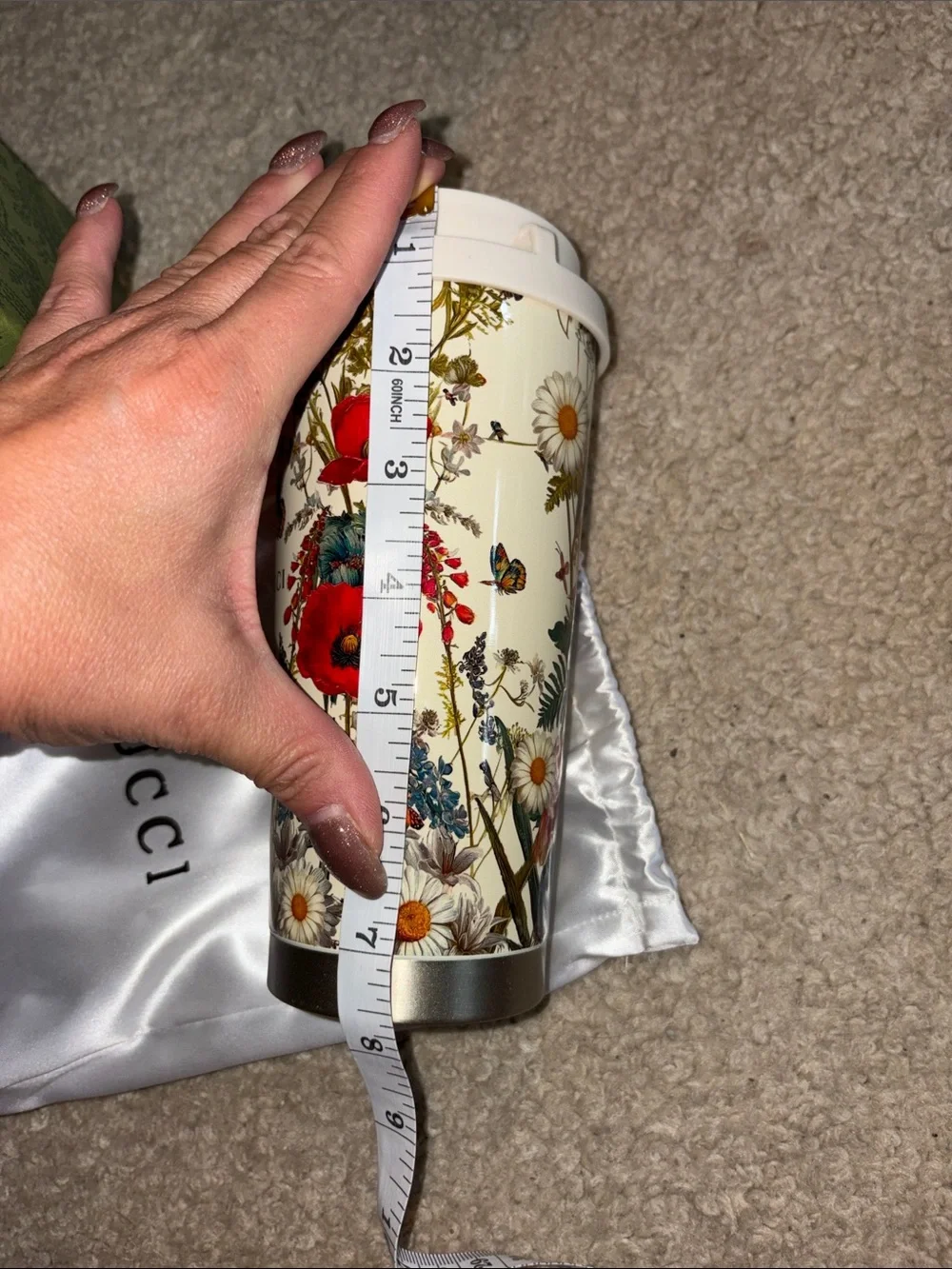 White Floral Travel Tumbler with Red Poppy Design and White Lid